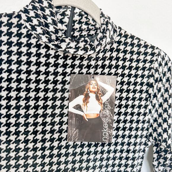Naked Wardrobe Houndstooth Turtle Neck Long Sleeve Jumpsuit Black White Large - Picture 8 of 11